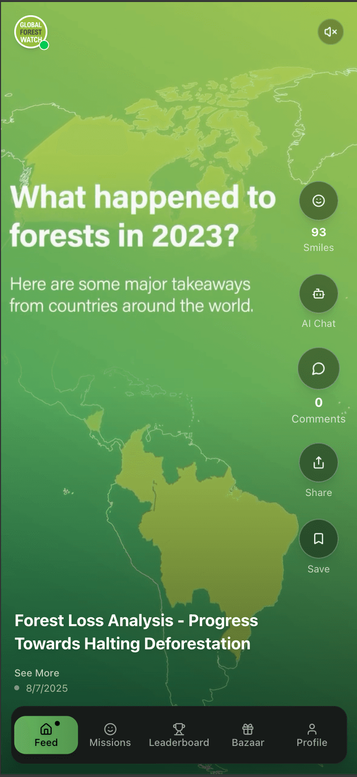 SmileUp mobile app: mission feed with cards and scrollable impact content
